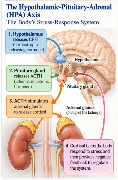 Diagram of the stress-response (HPA) axis: the hypothalamus releases CRH, the pituitary gland releases ACTH, ACTH stimulates the adrenal glands to release cortisol, and cortisol feeds back to regulate the system.