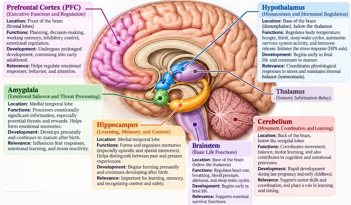 Cutaway illustration of the brain labeling the prefrontal cortex, amygdala, hippocampus, hypothalamus, thalamus, brainstem, and cerebellum, with the location and main functions of each.